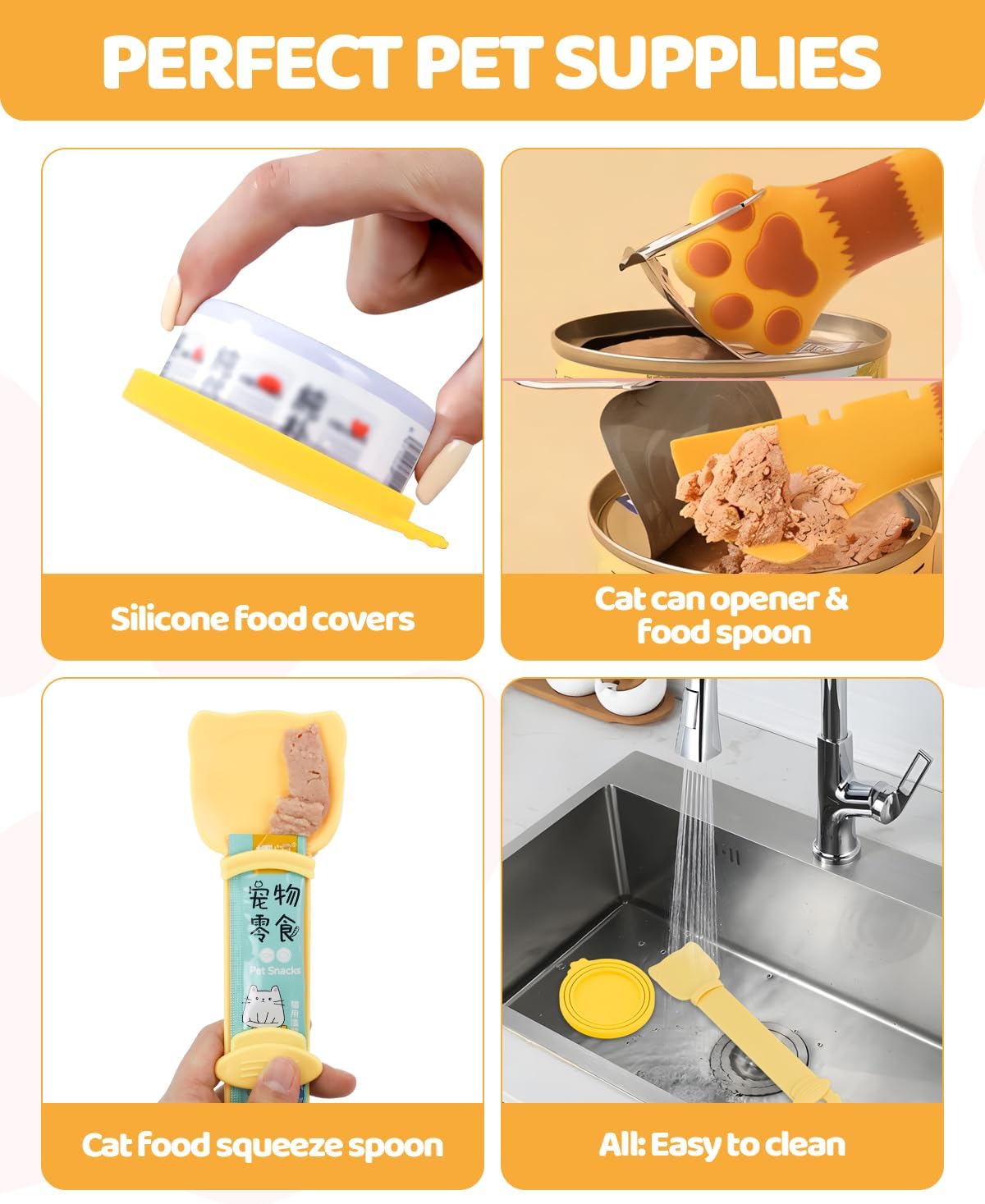 5 PCS Cat Food Can Covers Lids Set, Silicone Pet Food Can Lids with Multi-Function Cat Food Spoon and Opener, Cat Bar Squeezer, Stainless Steel Wet Food Spoon for Cats and Dogs (Pink) (Pink)