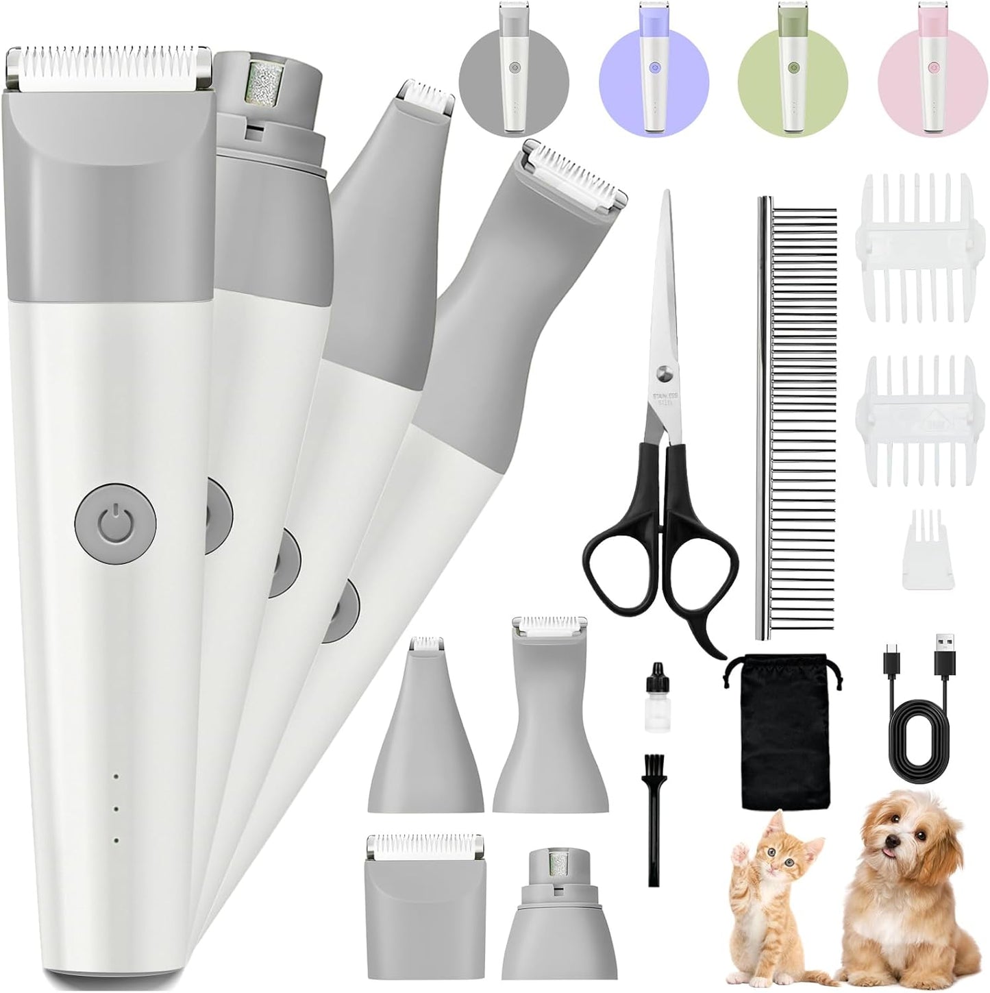 Dog Clippers Grooming Kit, 4 in 1 Quiet Cordless Dog Paw Trimmer & Nail Grinder, Small Cat Clippers Electric Rechargeable Low Noise Pet Shaver for Trimming Hair on Paw Eye Ear Face Rump (Pink)