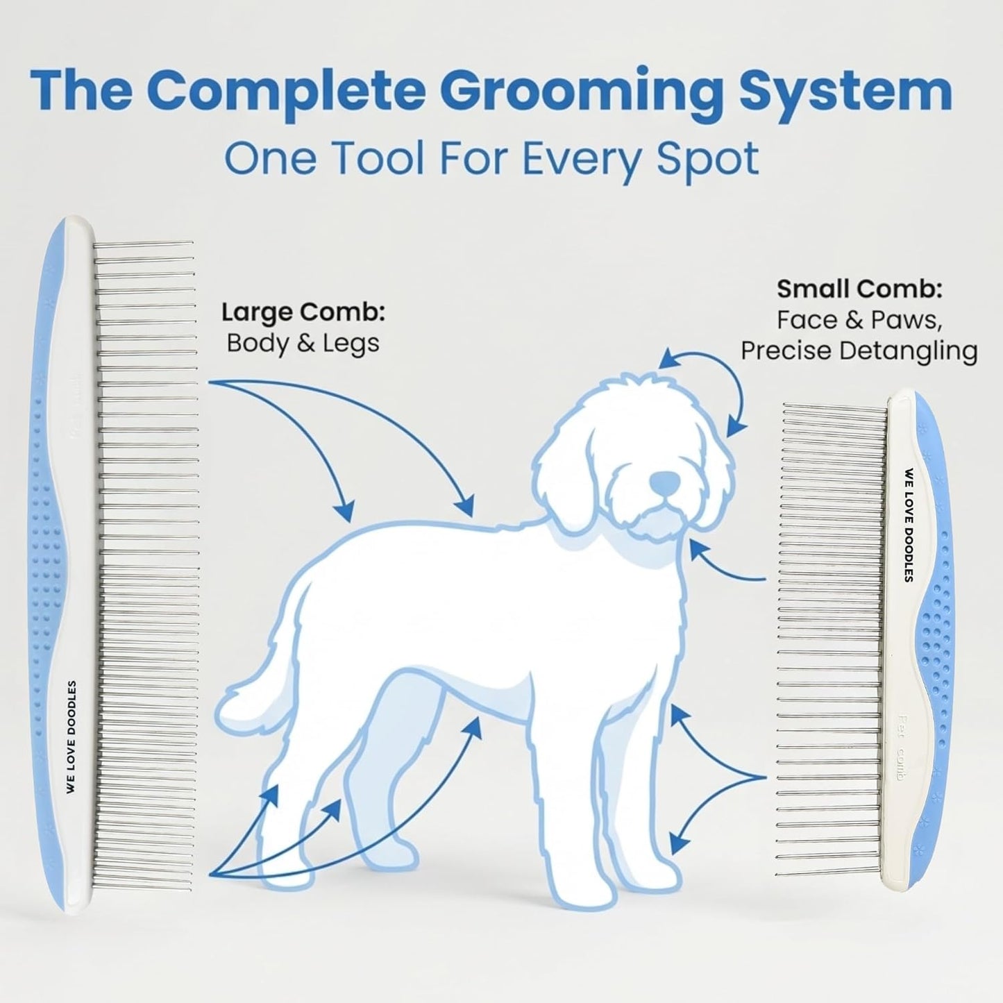 We Love Doodles Dog Comb (2 Packs) & Lavender Detangler Spray 16oz – Pet Grooming Essentials, Stainless Steel Rounded-End Dematting Metal Comb for Dogs, Dog Leave-In Conditioner Spray for Detangling