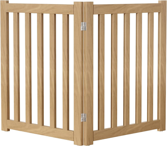 2-Panel Solid Wood Dog Gate - Freestanding Folding Pet Gate for Doorways, Stairs, Indoor, 24" Height, No Installation Needed, Natural Wood