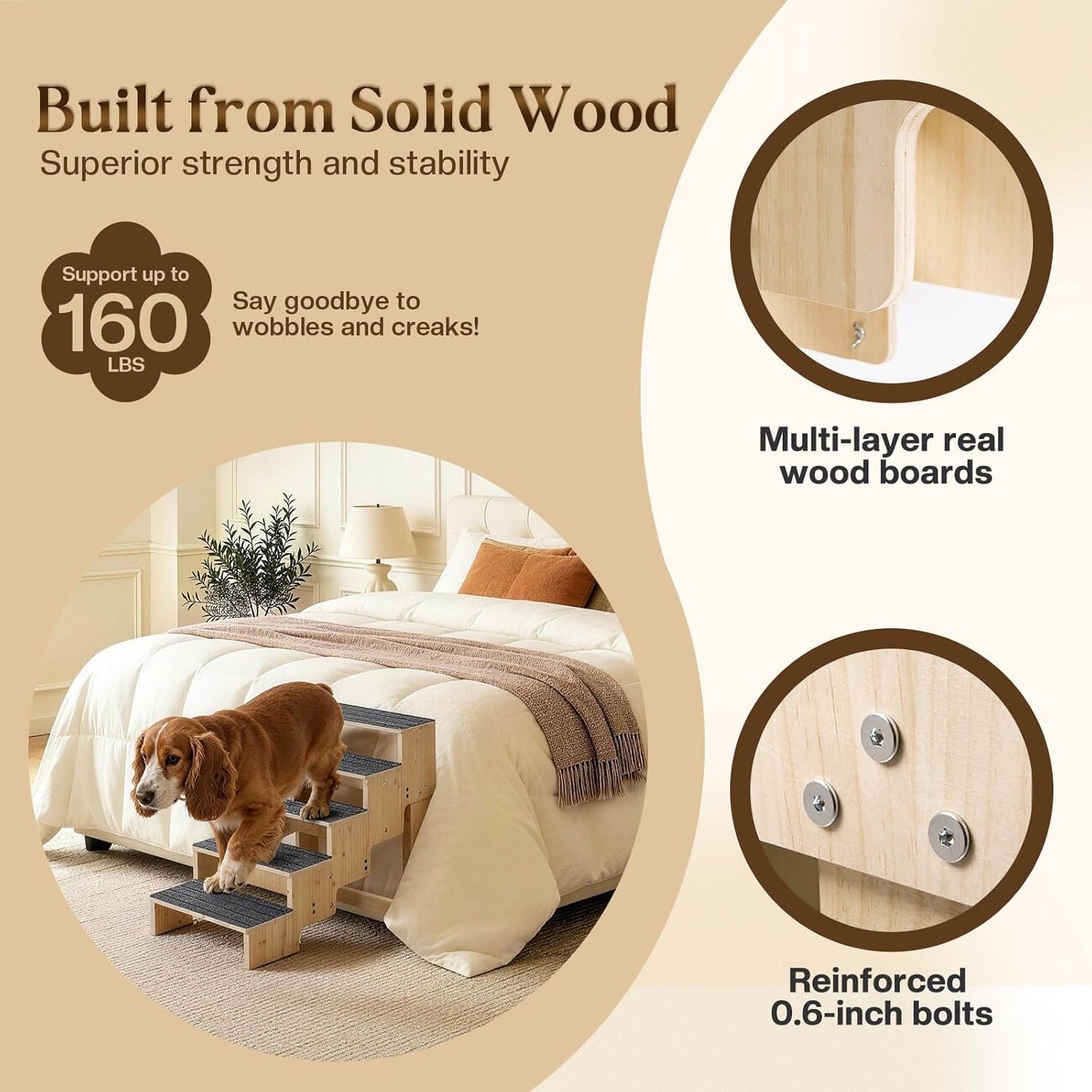 4-Step Wooden Dog Steps for Bed, Anti-Slip Dog Stairs with Carpet Pads, 23.6 Inches Pet Ramp for Dogs to Get on Bed, Pet Stairs for Old & Senior Dogs/Cats, Pet Steps Ladder for High Beds/Couch Sofa