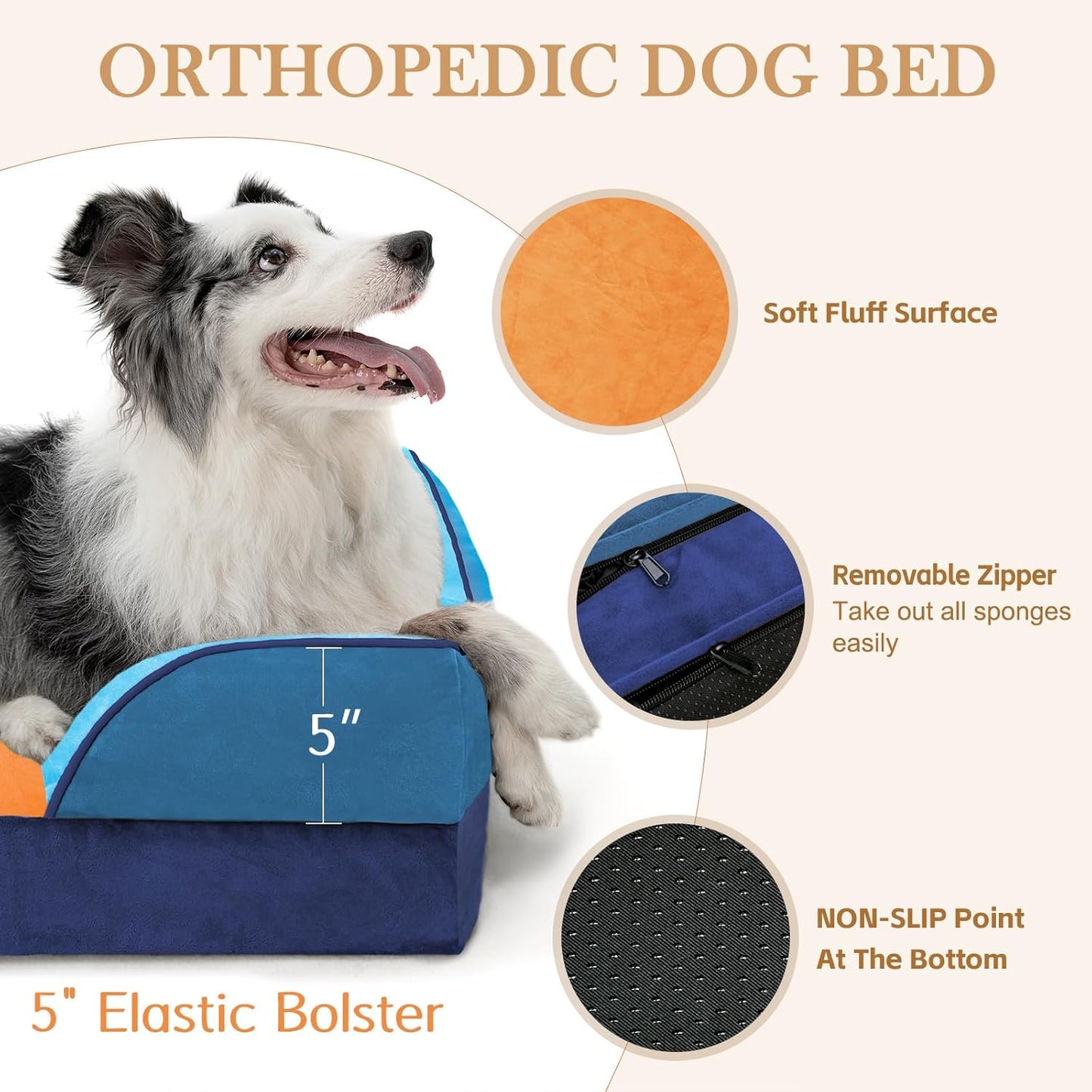 Comfort Expression Orthopedic Dog Bed for Extra Large Dogs 42x30 Inch, Waterproof Egg Crate Foam XL Pet Bed with Removable Bolsters, Dog Couch with Washable Cover & Non-Slip Bottom, Grey - Colors A