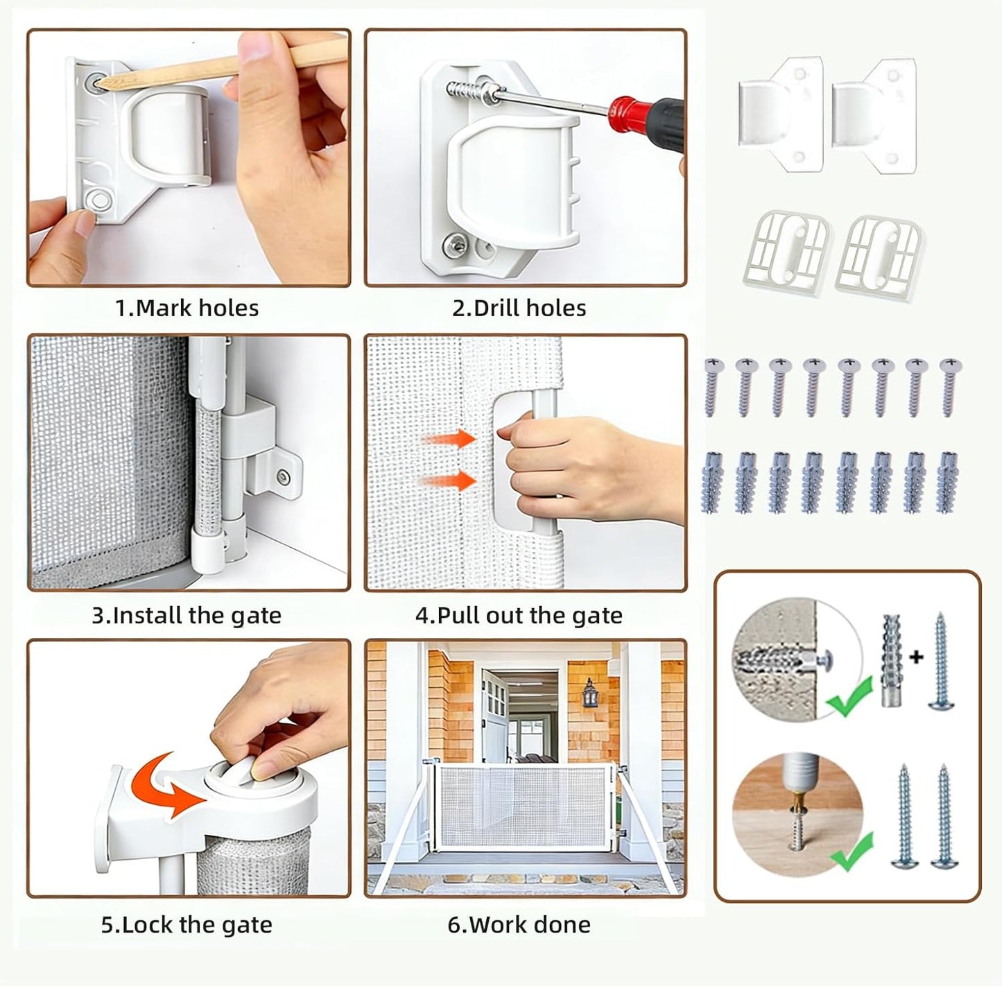 Retractable Baby Gate, 55 in Wide x 33 in Tall Mesh Dog Gate, Hardware Mounted Safety Gate with Double Lock for Doorways, Hallways, Indoor Outdoor, White