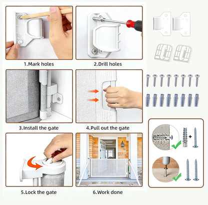 Retractable Baby Gate, 55 in Wide x 33 in Tall Mesh Dog Gate, Hardware Mounted Safety Gate with Double Lock for Doorways, Hallways, Indoor Outdoor, White