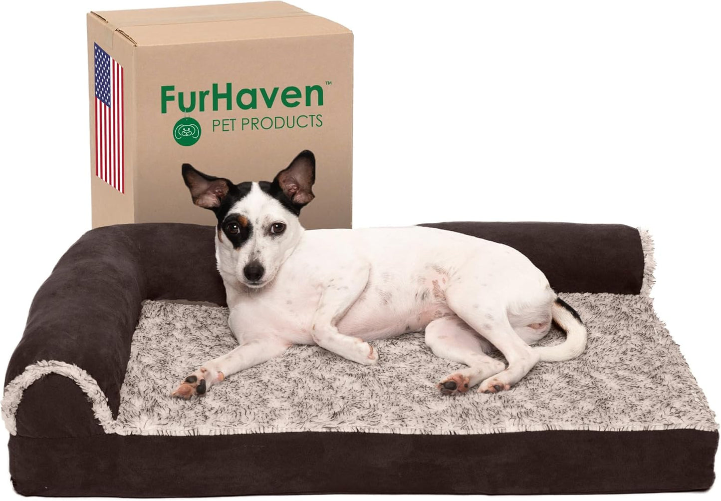 Furhaven Memory Foam Dog Bed for Large Dogs w/ Removable Bolsters & Washable Cover, For Dogs Up to 95 lbs - Two-Tone Plush Faux Fur & Suede L Shaped Chaise - Espresso, Jumbo/XL