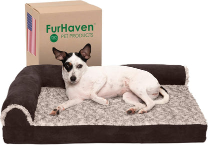 Furhaven Memory Foam Dog Bed for Large Dogs w/ Removable Bolsters & Washable Cover, For Dogs Up to 95 lbs - Two-Tone Plush Faux Fur & Suede L Shaped Chaise - Espresso, Jumbo/XL