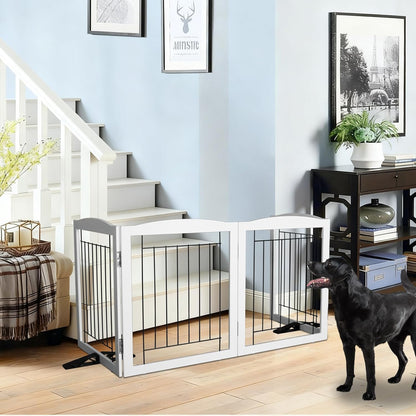ZJSF Freestanding Dog Fence Indoor, Foldable Dog Gate for Doorways, Stairs or Hallways, Sturdy Wood Extra Wide Pet Gate with Support Feet for The House, White, 24 "Height-3 Panels