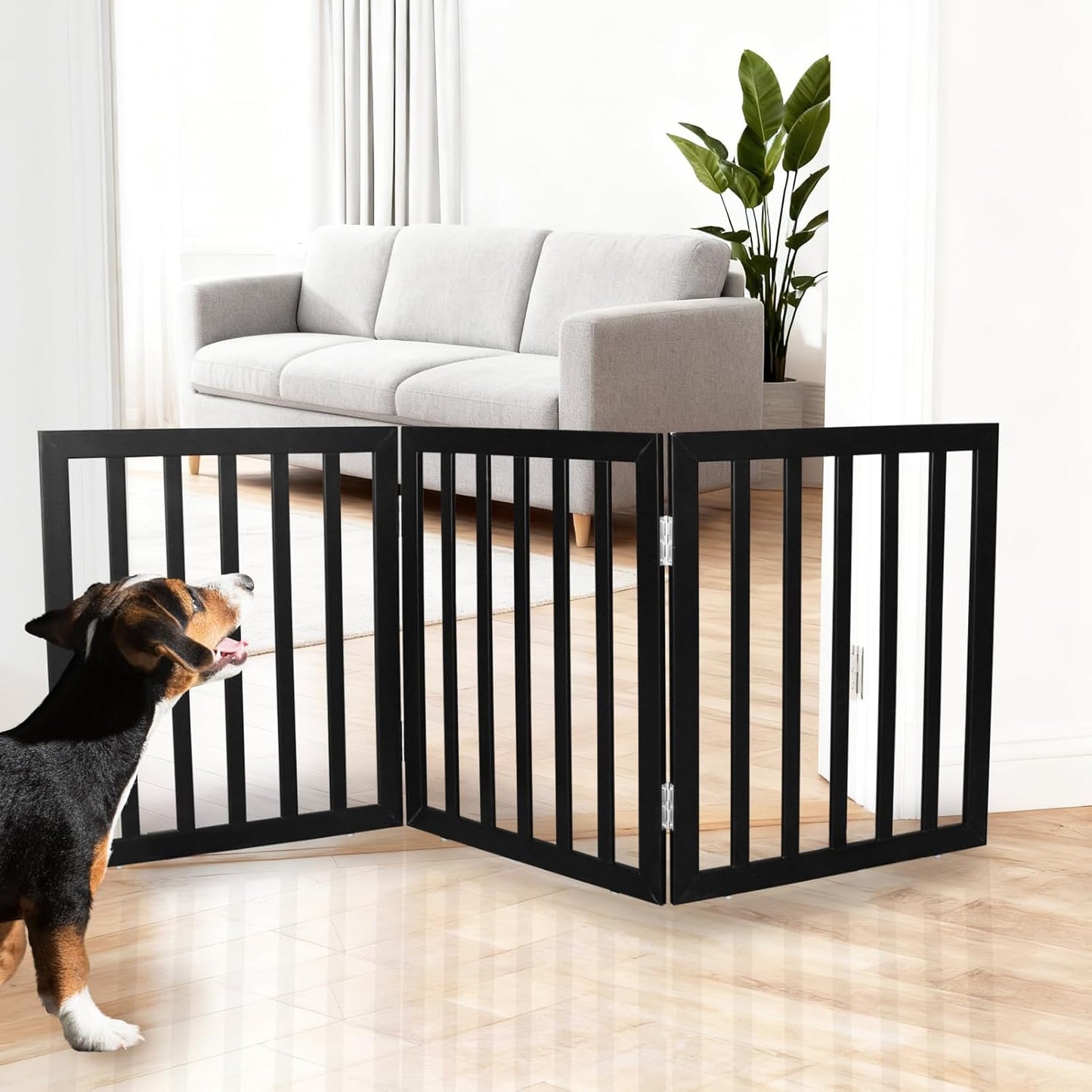 ZJSF Freestanding Indoor Dog Gate for House Foldable Wood Brown Puppy Gate for Doorways Pet Gate for Stairs Extra Wide Pet Fence 24" Height 2 Panels