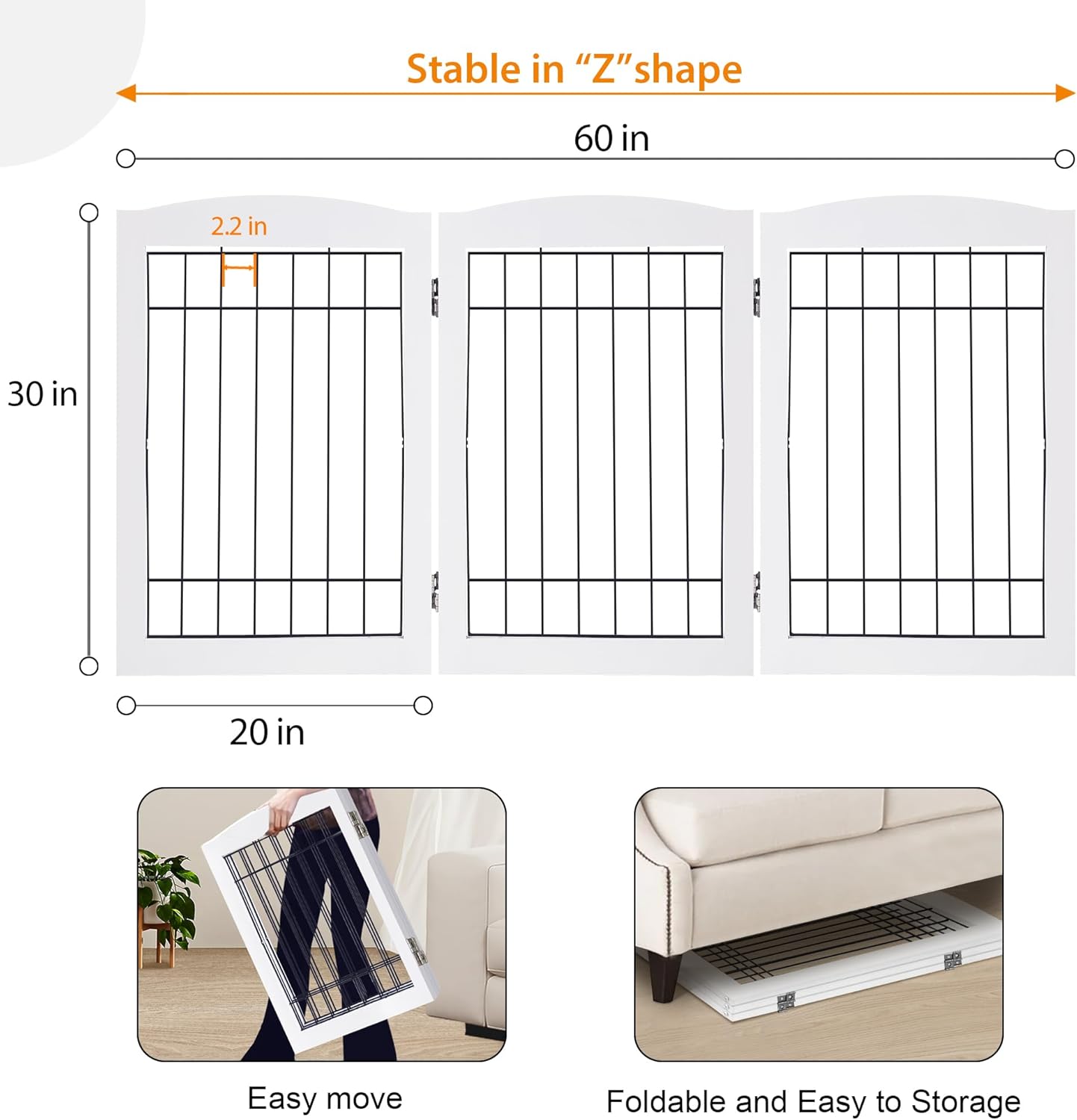 LZRS 2-Panel Freestanding Foldable Wood Dog Gate – Solid Wood & Steel Wire, Chew-Resistant Pet Barrier for Indoor Use, Ideal for Small to Medium Dogs, White