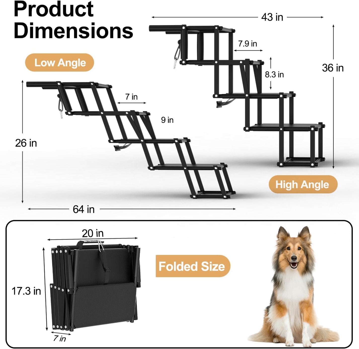 Extra Wide 5 Steps Dog Stairs for Large Dogs, Foldable DogRamp for Car with Non-Slip Surface, Pet Stairs DogStairs for car, Dog Steps for Cars, SUV, High Beds, Truck, Supports up to 250 lbs