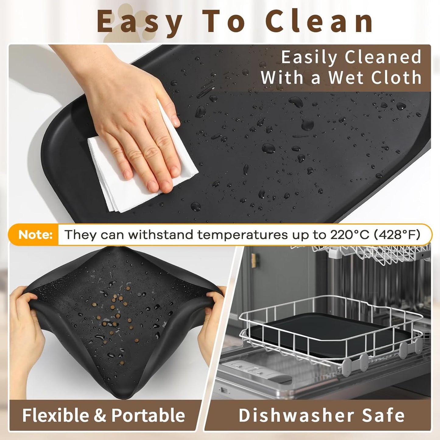 Smilool Silicone Pet Food Mat with Raised Edge for Food and Water Bowl, Dog Feeding Mats, Cat Food Trays for Floor Waterproof, Rubber Tray for Dogs and Cats, 19 x 12 x 0.7 Dark Brown