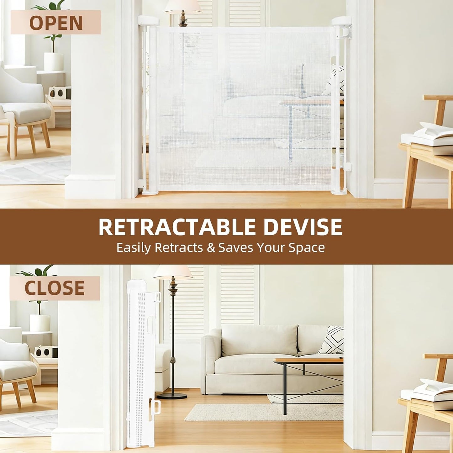 Retractable Baby Gate, 55 in Wide x 33 in Tall Mesh Dog Gate, Hardware Mounted Safety Gate with Double Lock for Doorways, Hallways, Indoor Outdoor, White