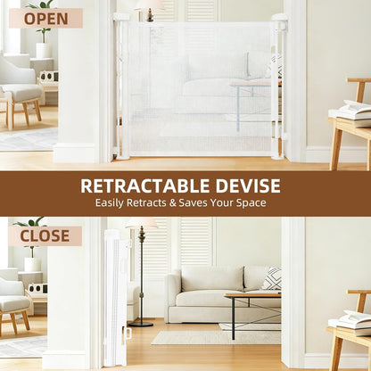 Retractable Baby Gate, 55 in Wide x 33 in Tall Mesh Dog Gate, Hardware Mounted Safety Gate with Double Lock for Doorways, Hallways, Indoor Outdoor, White
