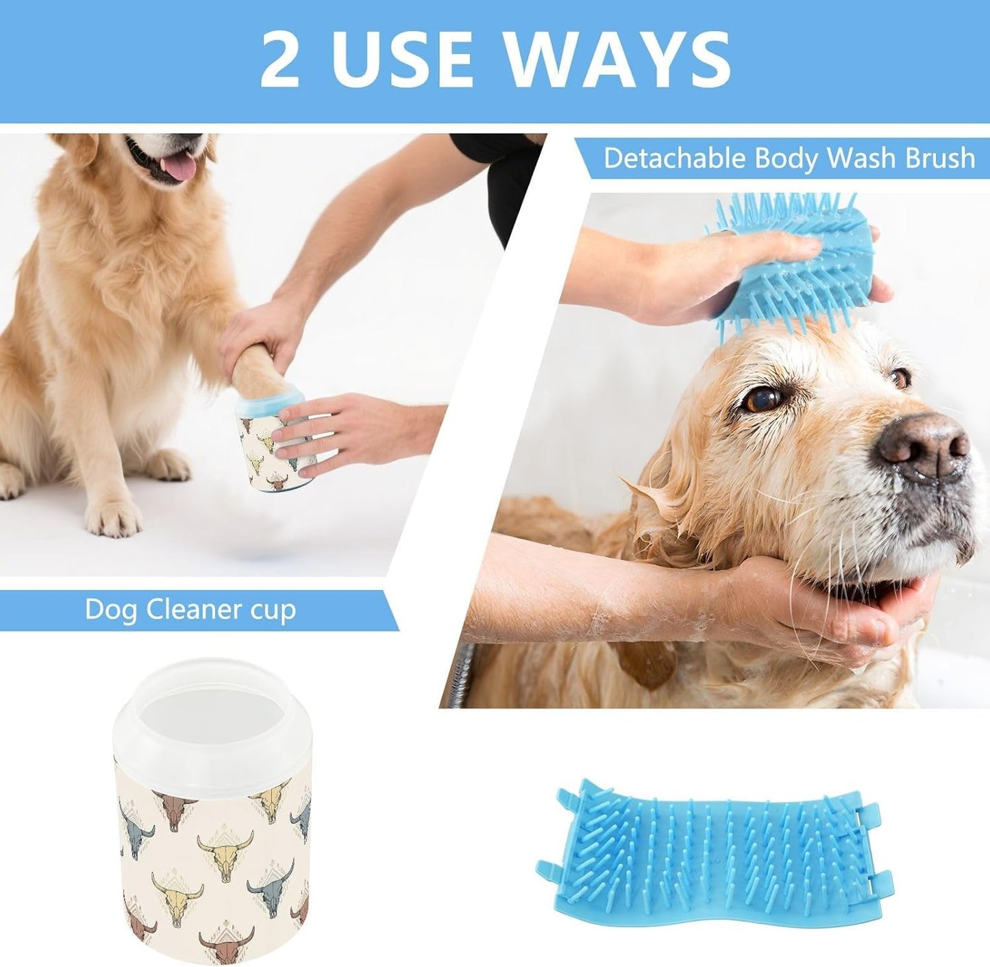 Western Skull Beige Pattern Dog Paw Cleaner Cup with Soft Silicone Brush, Small Portable Lightweight Muddy Paw Washer for Dogs, Easy to Use Pet Foot Cleaner