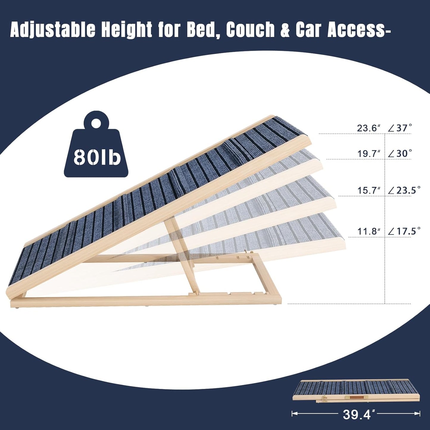 Adjustable Wooden Dog Ramp for Small & Medium Dogs, 27.6" Long x 11.8" Wide Portable Pet Ramp for Bed, Couch, Sofa & Car, Anti-Slip Carpet, Lightweight Foldable Indoor Outdoor Travel Dog Ramp