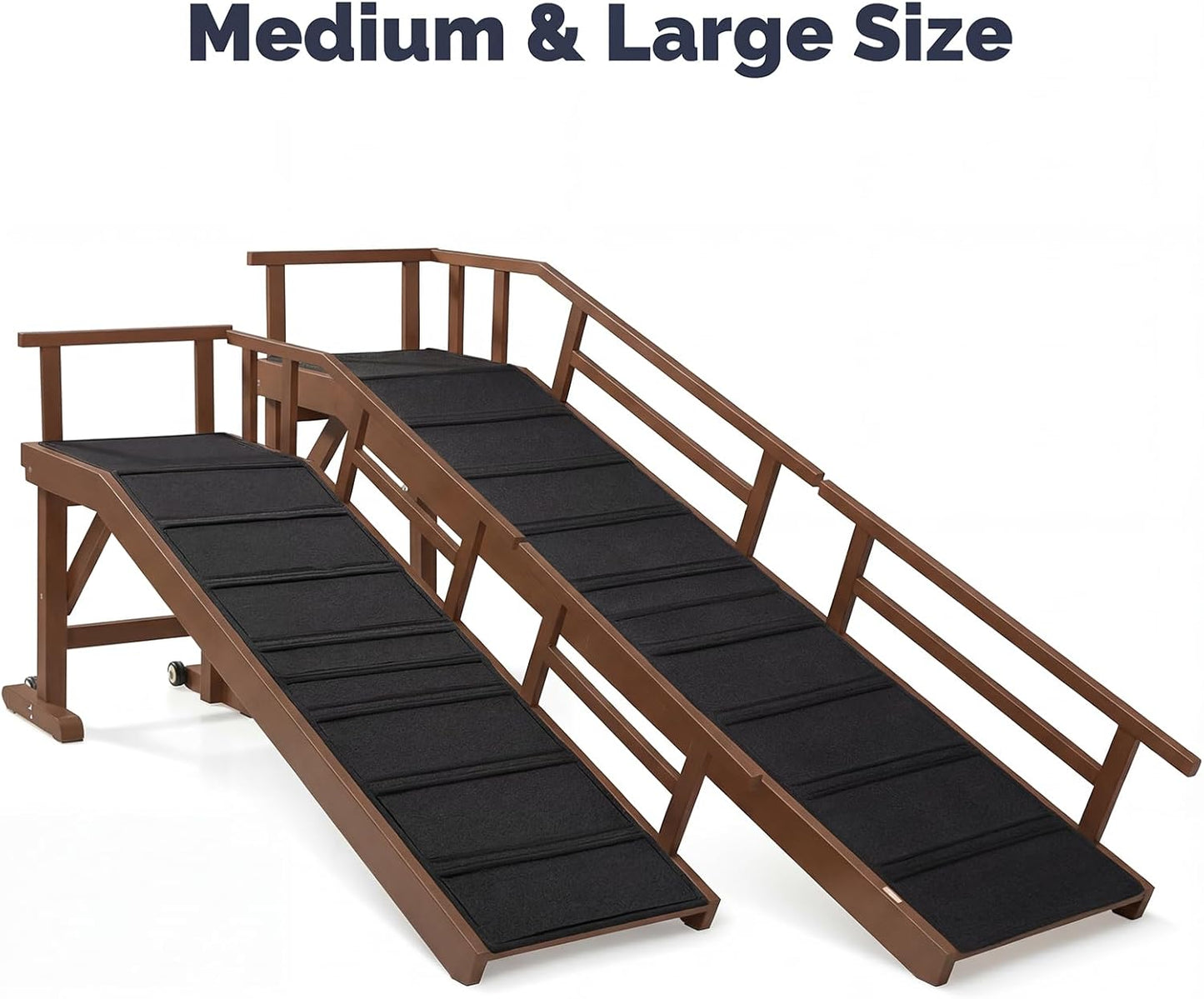 Dog Ramp for Bed or Couch, Wooden Pet Ramp with 20° Gentle Slope, Removable Side Rails, Non-Slip Surface, Top Platform & Wheels, Safe Bed Ramp for Small, Large & Senior Dogs, 60" Long, Mahogany