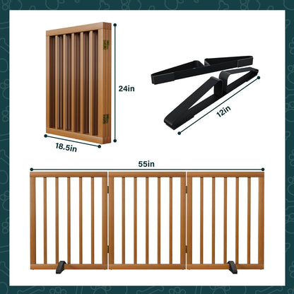 Freestanding Dog Gates Indoor, 3-Panel Pet Gates with 2 Metal Stands and 360° Hinge, 24" H Foldable Dog Gate for Stairs, Doorway, Kitchen, Expands Up to 55" Fully Assembled - Black Walnut