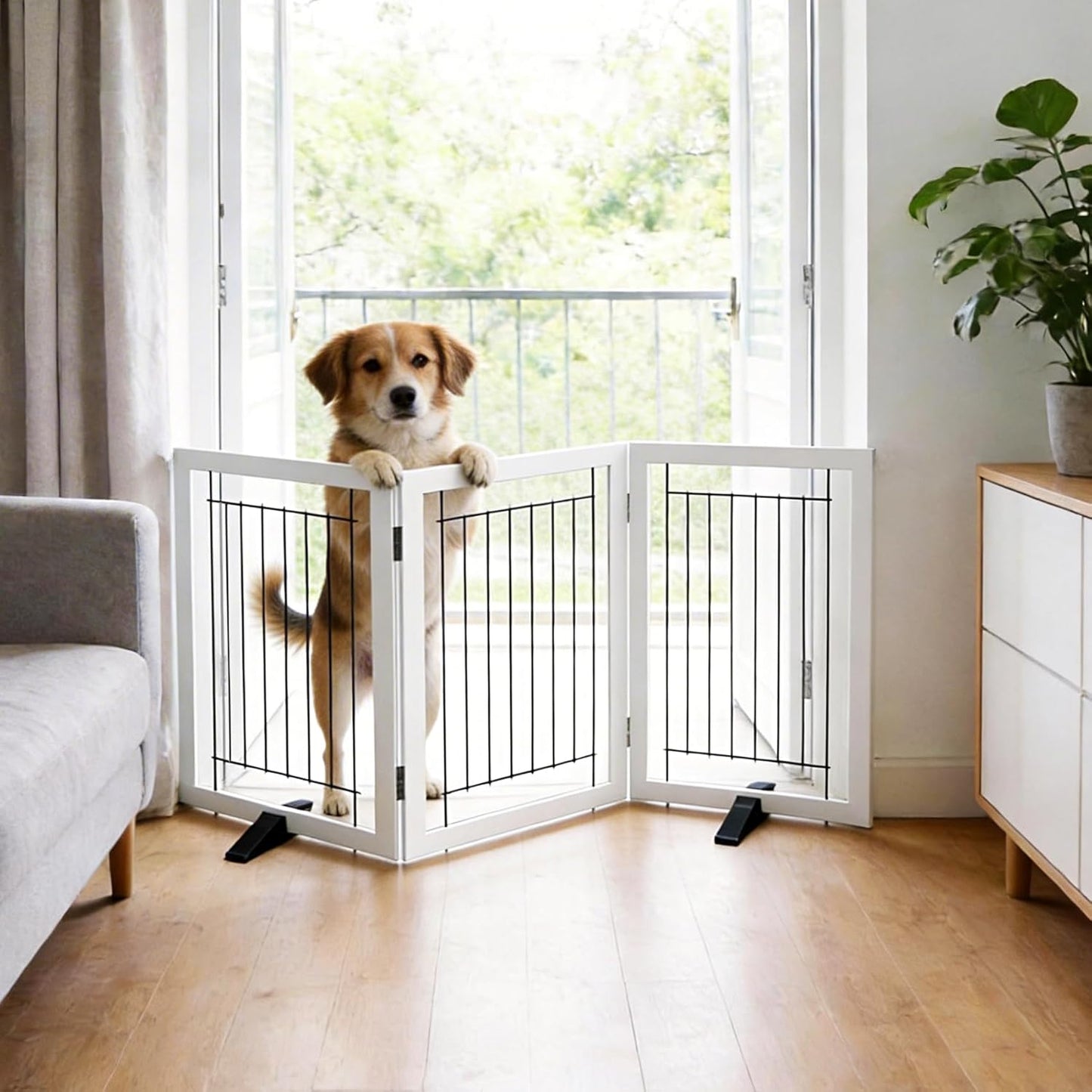 ZJSF Freestanding Dog Gate Indoor, Foldable Dog Fence for Doorways,Hallways or Stairs, Sturdy Wood Extra Wide Pet Gate with Support Feet,Black,24 "Height-3 Panels