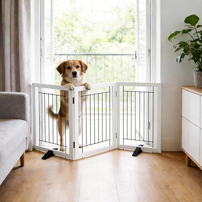 ZJSF Freestanding Dog Gate Indoor, Foldable Dog Fence for Doorways,Hallways or Stairs, Sturdy Wood Extra Wide Pet Gate with Support Feet,Black,24 "Height-3 Panels