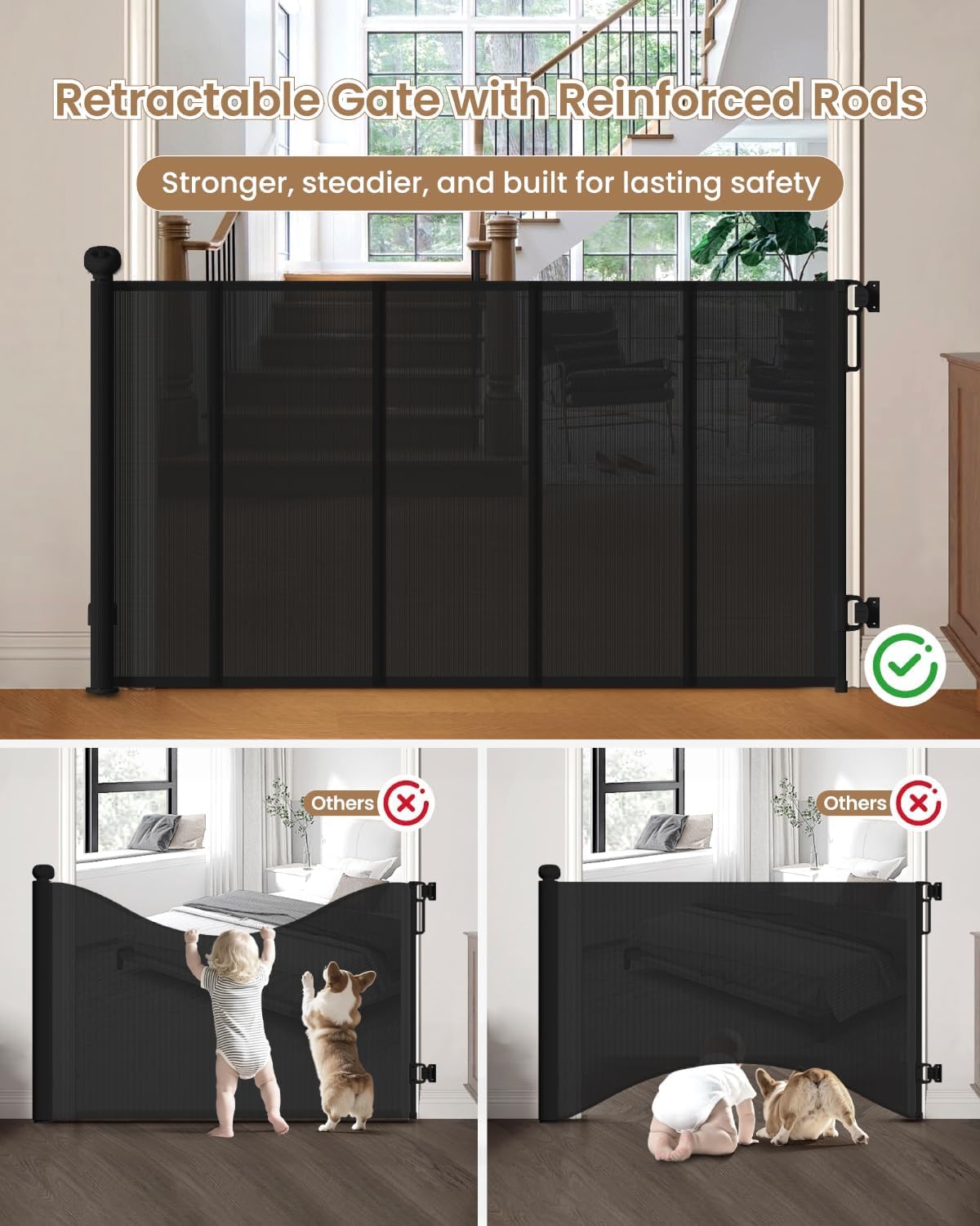 55" Retractable Baby Gates, 34" Tall Mesh Baby Gate with 4 Reinforced Rods, Prevents Kids & Dogs from Crawling Under, Retractable Dog Gate for Doorways, Hallways, Indoor/Outdoor, Black