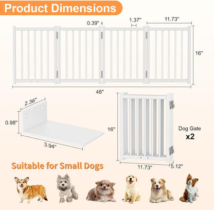 Snughome Short Dog Gate Indoor, 16" High Freestanding Small Dog Door Gates with Support Feet, Expands Up to 48’’ Wide Foldable Pet Gate for Doorway, 4 Panel Folding Pet Door Pet Fence for Puppy, White