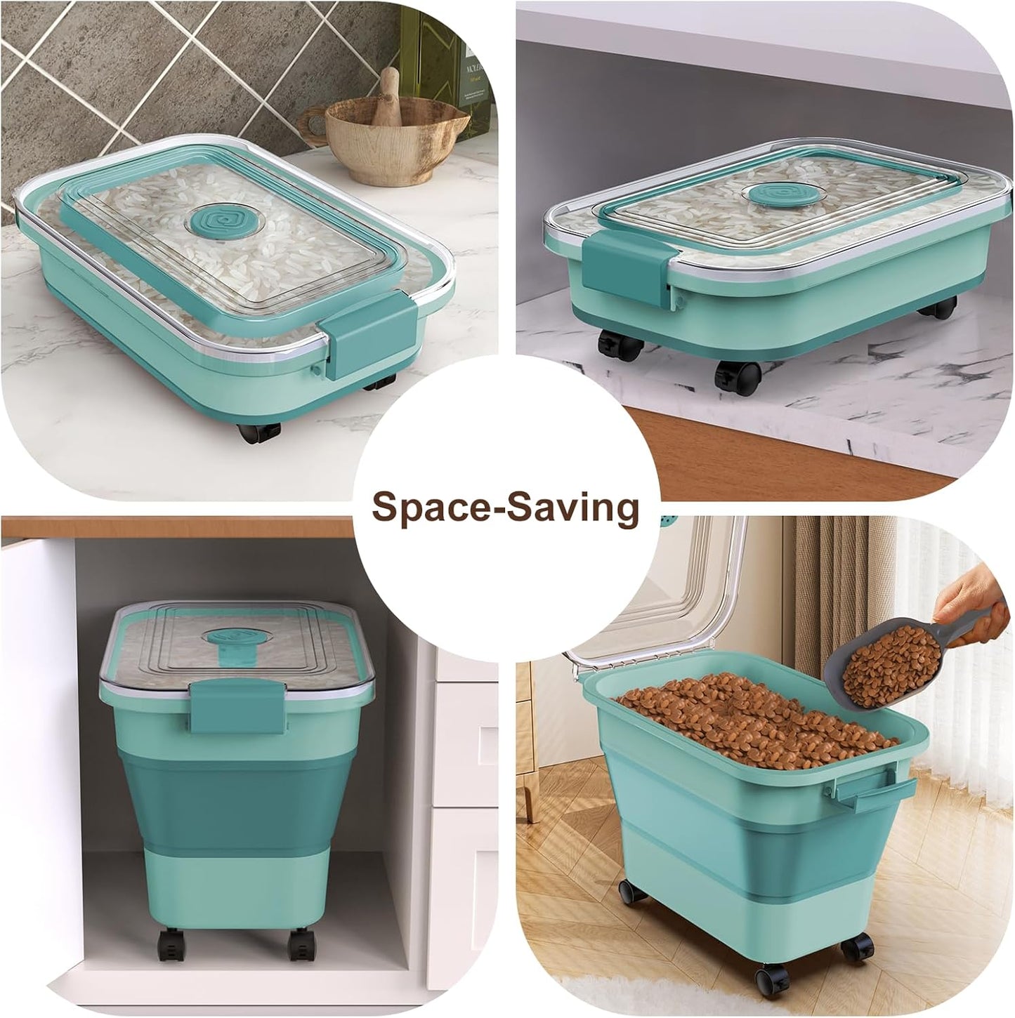 Komzon Rice Storage Container, Collapsible Airtight 10-40 Lb Rice Storage Container, 25lb Pet Dog Food Storage Container, Rice Dispenser Bin with Cup and Scoop for Flour Cereal Pasta Grain, Cat Bird