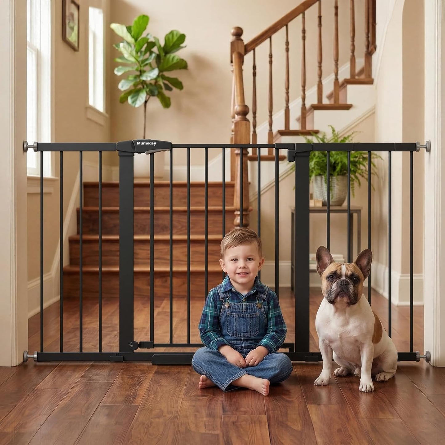 Mumeasy Baby Gate Extra Wide, 29.7-51'' Pressure Mounted Dog Gate with Walk Thru Door, Auto Close Pet Gate for House, Stairs, Doorways,Black