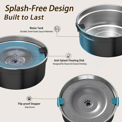 Dog Water Bowl No Spill, 1.5L/50oz Stainless Steel Slow Water Bowl for Dogs, Spill Proof Dog Bowl with Anti-Splash & Non-Slip, Slow Drinking Water Bowl Dispenser for Messy Drinkers (Black)
