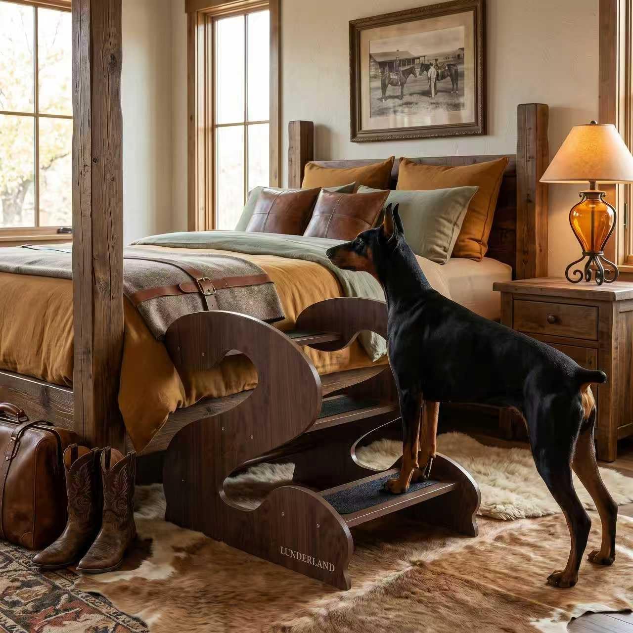 Wooden Dog Stairs Steps for Bed,3Steps,Small or Senior Dogs for Pet LUNDERLAND Design,16¾"Wx23¼Dx19⅜H RedWalnutWood GrainPattern