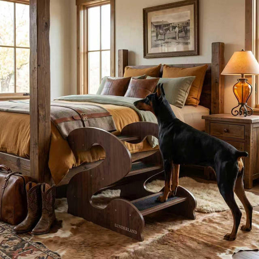 Wooden Dog Stairs Steps for Bed,3Steps,Small or Senior Dogs for Pet LUNDERLAND Design,16¾"Wx23¼Dx19⅜H RedWalnutWood GrainPattern