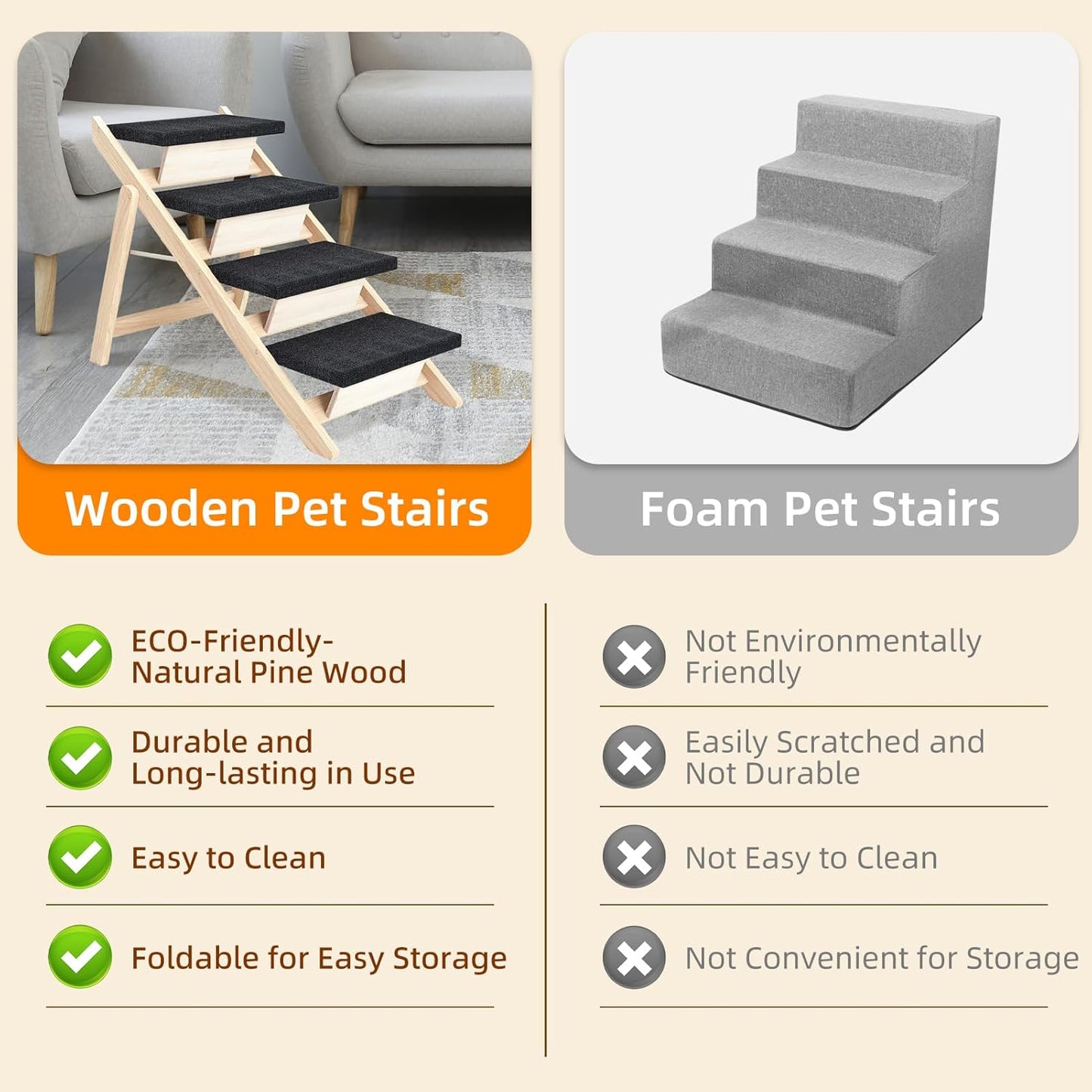 Dog Stairs/Ramp for Bed, Wooden 2-in-1 Foldable Pet Stairs & Ramp, Portable Dog Ladder Up to 180 Pound for Elderly/Short-Legged Dogs, 4 Steps for Beds, Couch, Cars