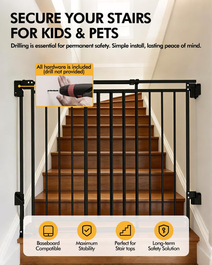 Extra Wide Baby Gate for Doorways 29" Tall Safety Gate for Kids&Pets,Pressure Mounted with Auto Close,Walk-Thru Metal Gate,Adjustable Width 26.4"-43",Indoor Pet Gate for Stairs & Hallways Black