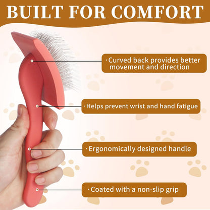Ergonomic Slicker Brush for Dogs - Deshedding Tool for Thick Undercoat, Grooming Brush for Large Dogs (Samoyed), Easy-Clean, Red Large