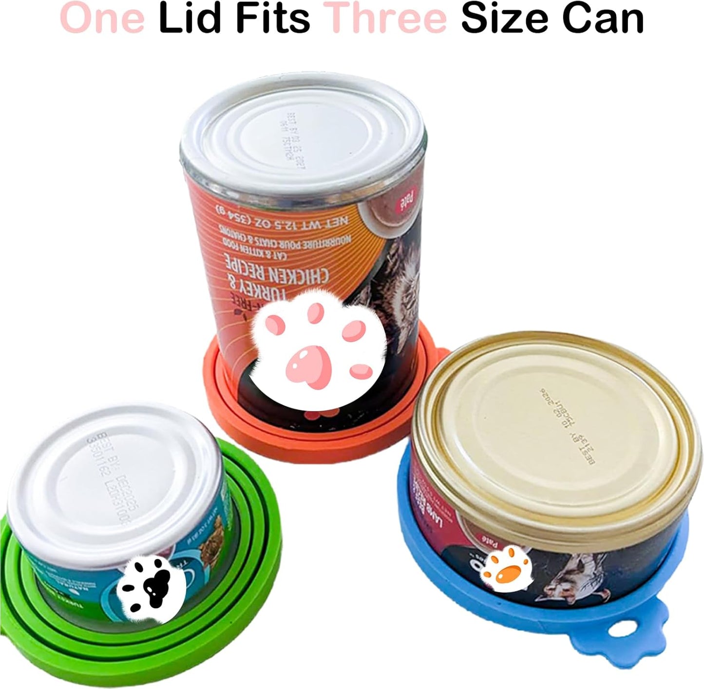 Cat Food Can Covers Lids & White Spoon, Pink/Orange/Sky Blue Lids, Can Covers for Dog/Cat Food Cans, Fit 3 Standard Size Pet Food Cans, Spoon with Opener Paw & Mini Spatula