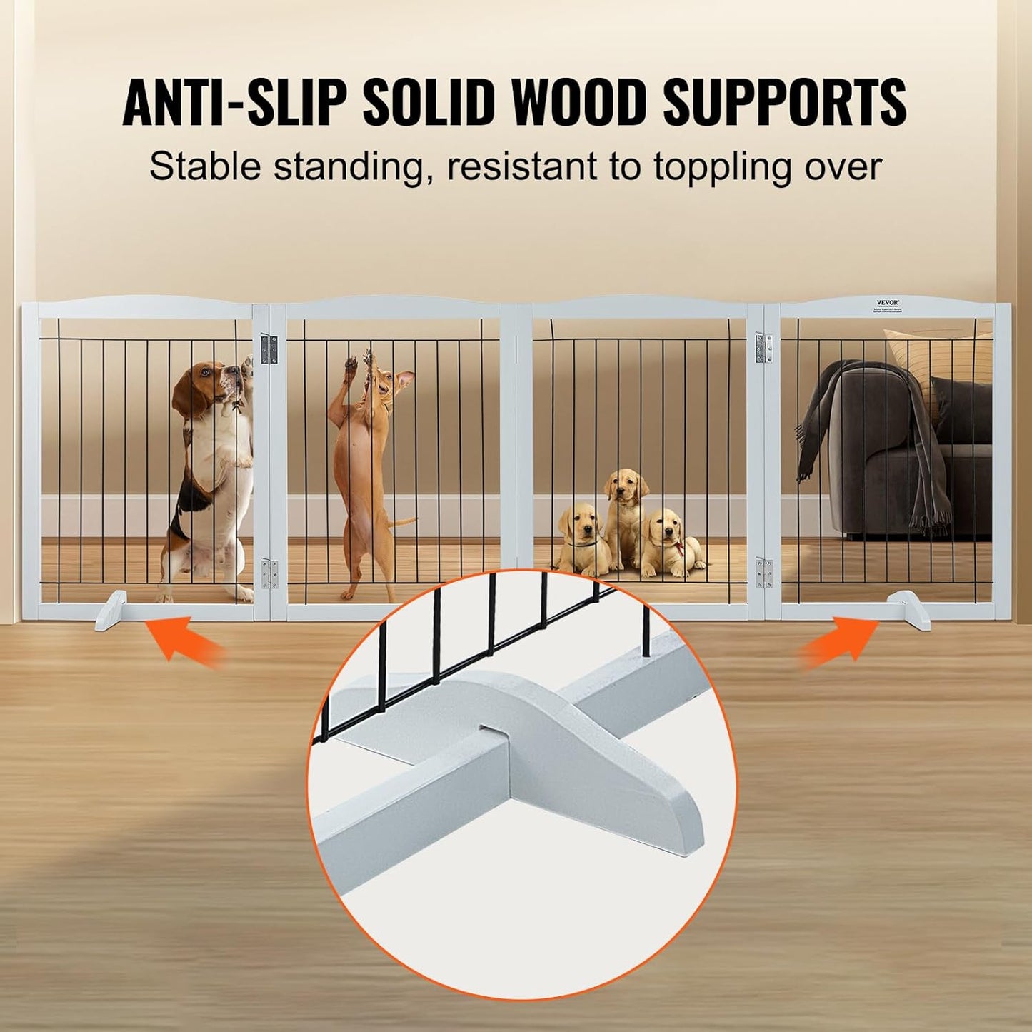 VEVOR Freestanding Pet Gate, Wooden 24" H x 80" W, 4-Panel Foldable Gate for Wide & Narrow Passageways, Expandable Dog Barrier with Silent Foot Support, White
