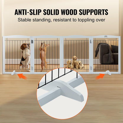 VEVOR Freestanding Pet Gate, Wooden 24" H x 80" W, 4-Panel Foldable Gate for Wide & Narrow Passageways, Expandable Dog Barrier with Silent Foot Support, White