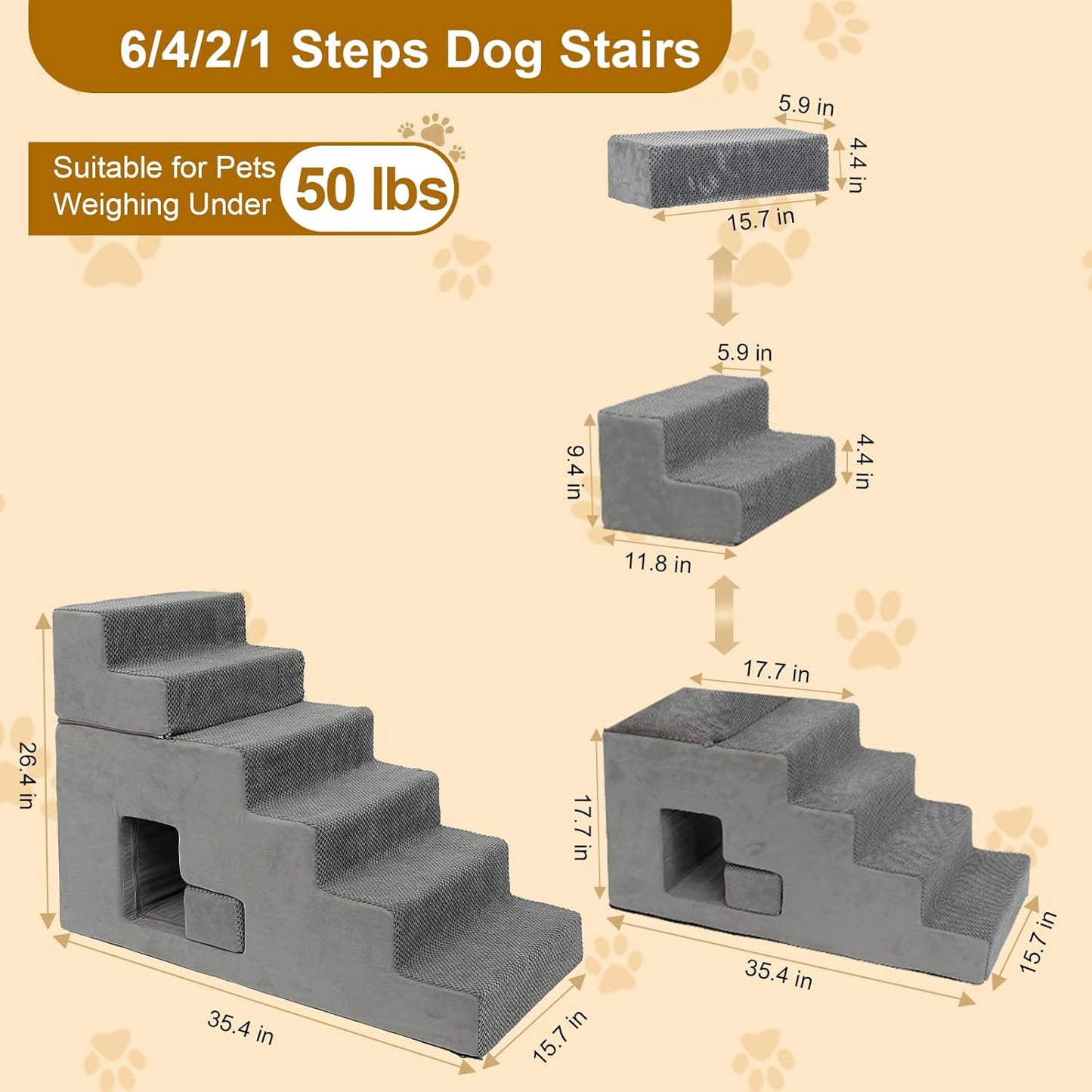 Dog Stairs for Small Dogs, 6-Step Dog Steps for High Bed, High-Density Foam Pet Stairs with Non-Slip Removable Washable Cover to Get on Bed