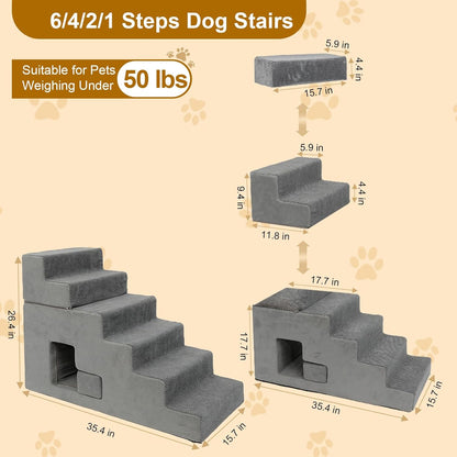 Dog Stairs for Small Dogs, 6-Step Dog Steps for High Bed, High-Density Foam Pet Stairs with Non-Slip Removable Washable Cover to Get on Bed