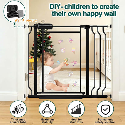 Fairy Baby Triple Lock Clear Baby Gate for Doorways, 57.6”-66.8” Extra Wide Acrylic Dog Gate for Stairs, Safety Child Gate Pressure Mounted No Drill, Auto Close Clear Pet Gate One-Hand Opening, Black