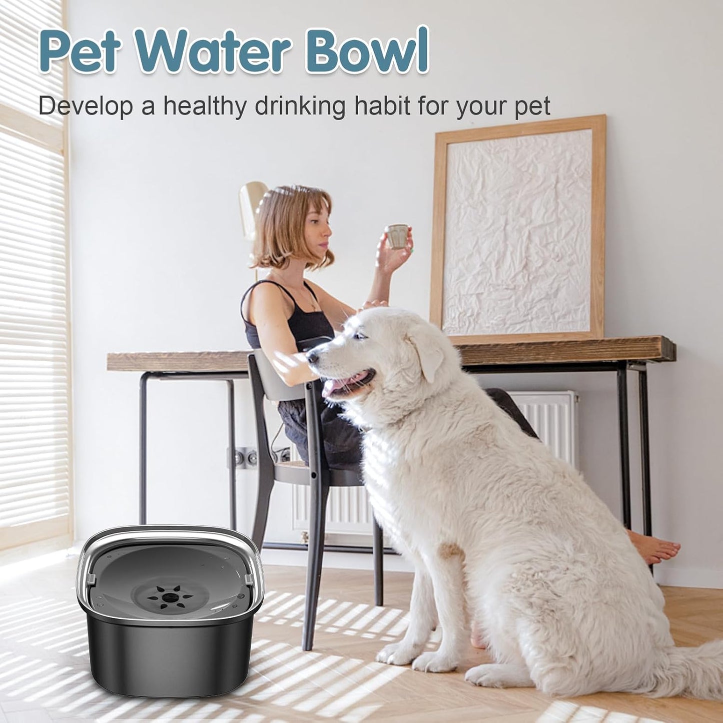 UPSKY 3L Dog Water Bowl 101oz Stainless Steel No Spill Large Capacity Dog Food Water Bowl Slow Water Feeder, Spill Proof Pet Water Dispenser Vehicle Carried Travel Water Bowl