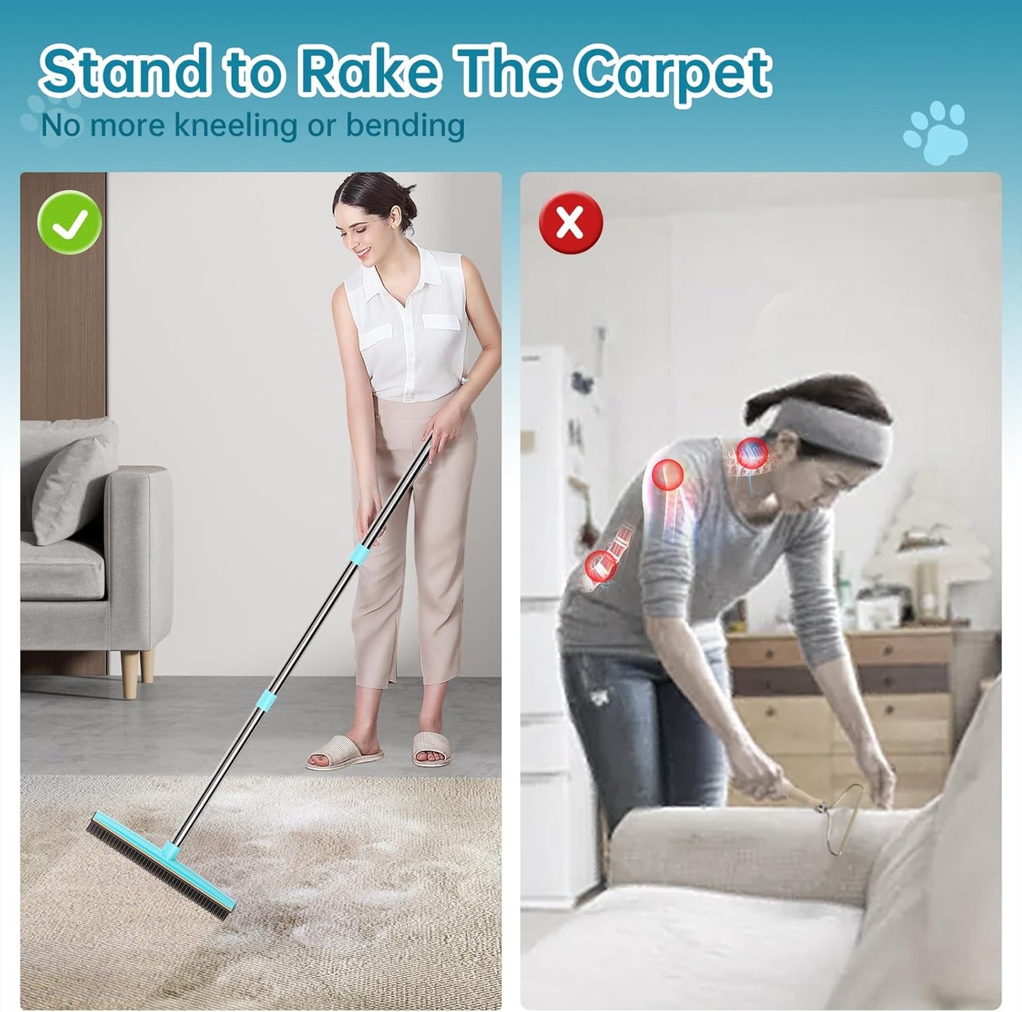 Carpet Rake - 60" Long Handle Pet Hair Removal with Metal Fabric Edge Design,Carpet Broom,Carpet Rake for Carpets, Rugs,Mats,Couch,Stairs