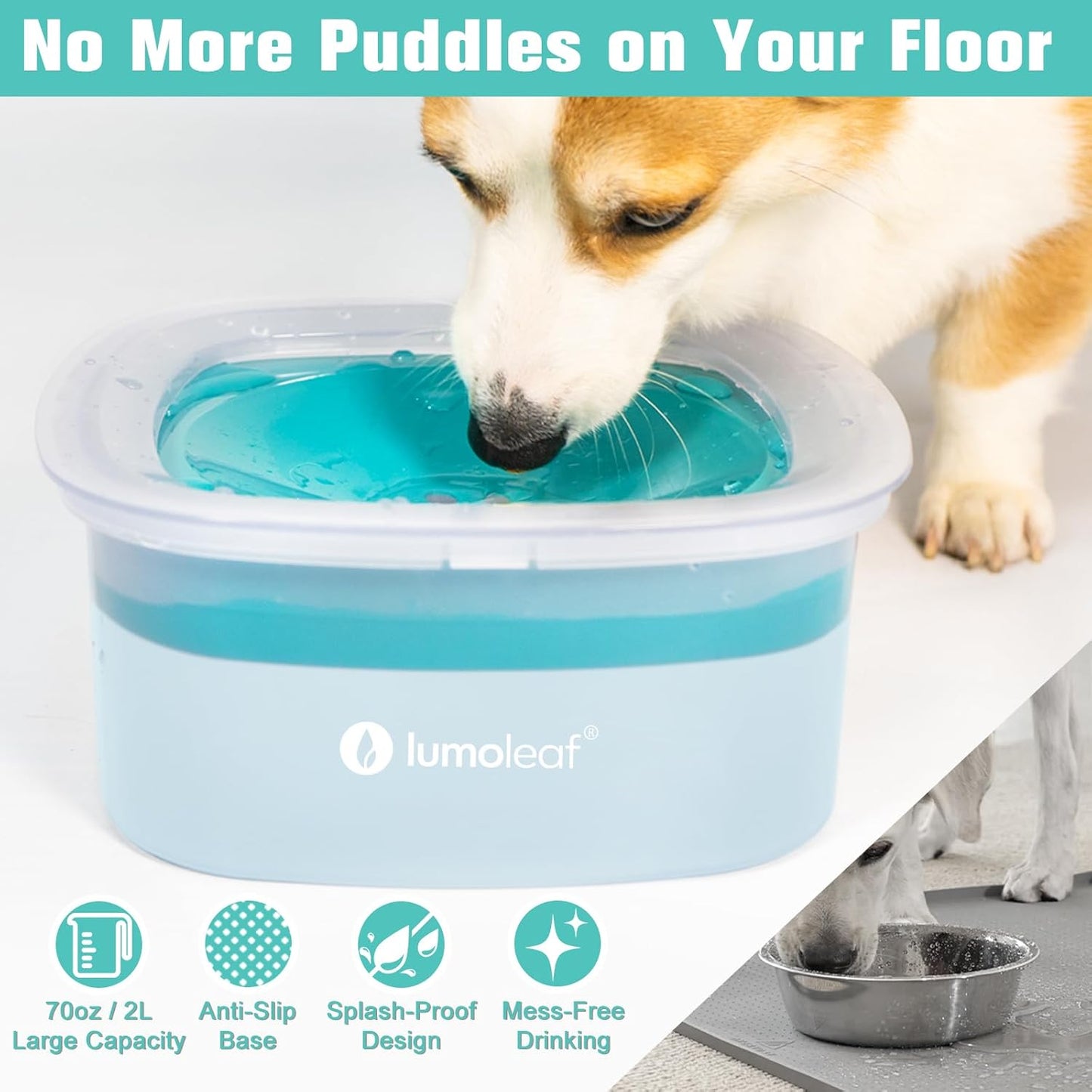 LumoLeaf No Spill Water Bowl for Dogs, Slow Feeder for Messy Drinkers, Drip-Free, Splash-Proof Design (Grey, 35oz)