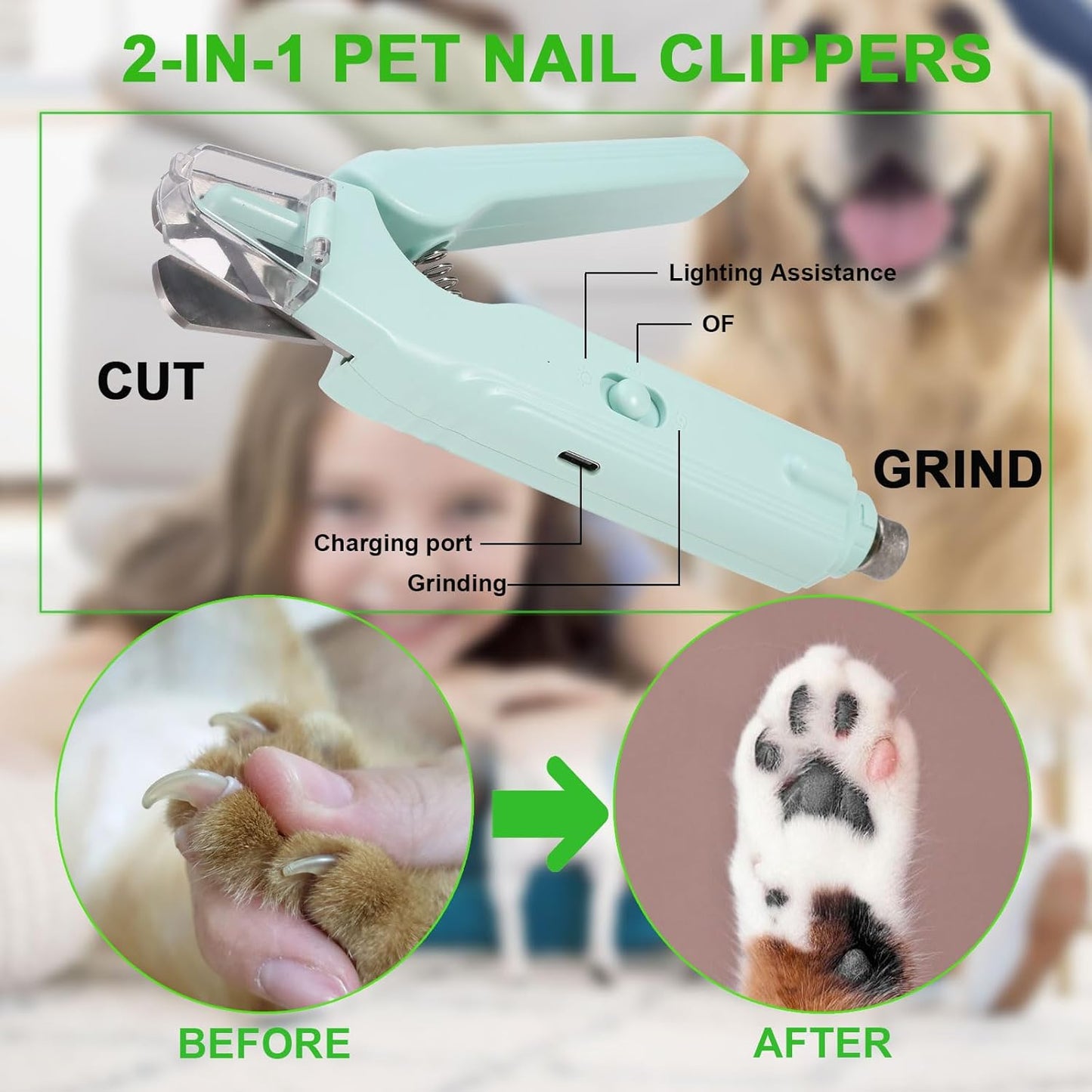 Pet Nail Clippers Dogs & Cats – Illuminates The Nail and Quick for Safe, Easy Trimming. Extra-Sharp Blades for Thick Nails, with Quick-Sensing tech to Prevent overcutting
