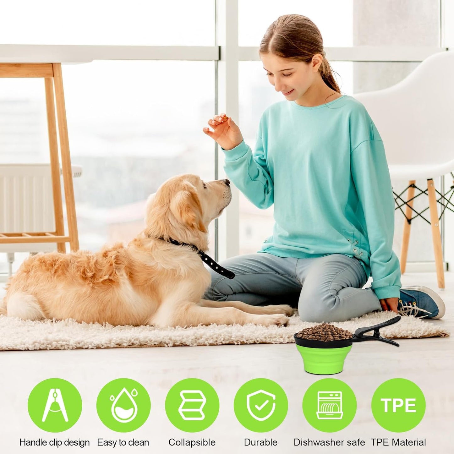 Collapsible Dog Food Scoop Foldable Pet Food Bag Clip 3 in 1 Multi-function Silicone Cat Food Measuring Cup Scoop Dog Food Scooper Pet Food Storage Clip (Green, 1 Cup Capacity(1 Pack))