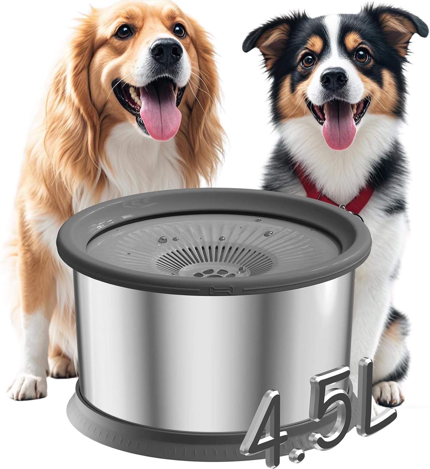6.5L Dog Water Bowl No Spill 1.6 Gallon Stainless Steel Water Bowl for Dogs 220oz Large Capacity No Splash Slow Drinking Feeder with Anti-Slip Mat for Messy Drinkers 6.5L+2 Filters