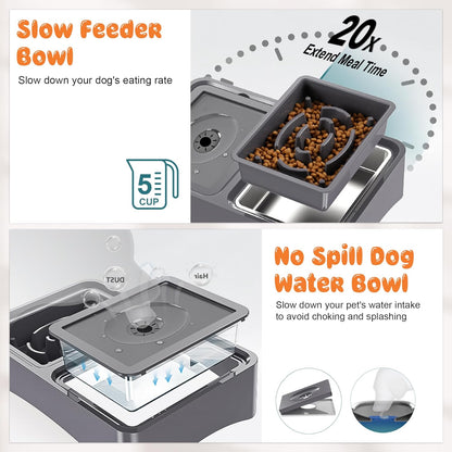 Decflow 3-in-1 Elevated Dog Bowls, 4 Height Adjustable Raised with Stainless Steel, Slow Feeder, No Spill Water Bowl, DIY Stickers Foldable Pet Bowl for Medium Large Dogs