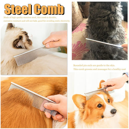 3-Pack Long-Tooth Pet Brush Set - Dog Rake Brush & Steel Shedding Comb & Double-Sided Teech Comb for Double Coat Large Dogs, Horses