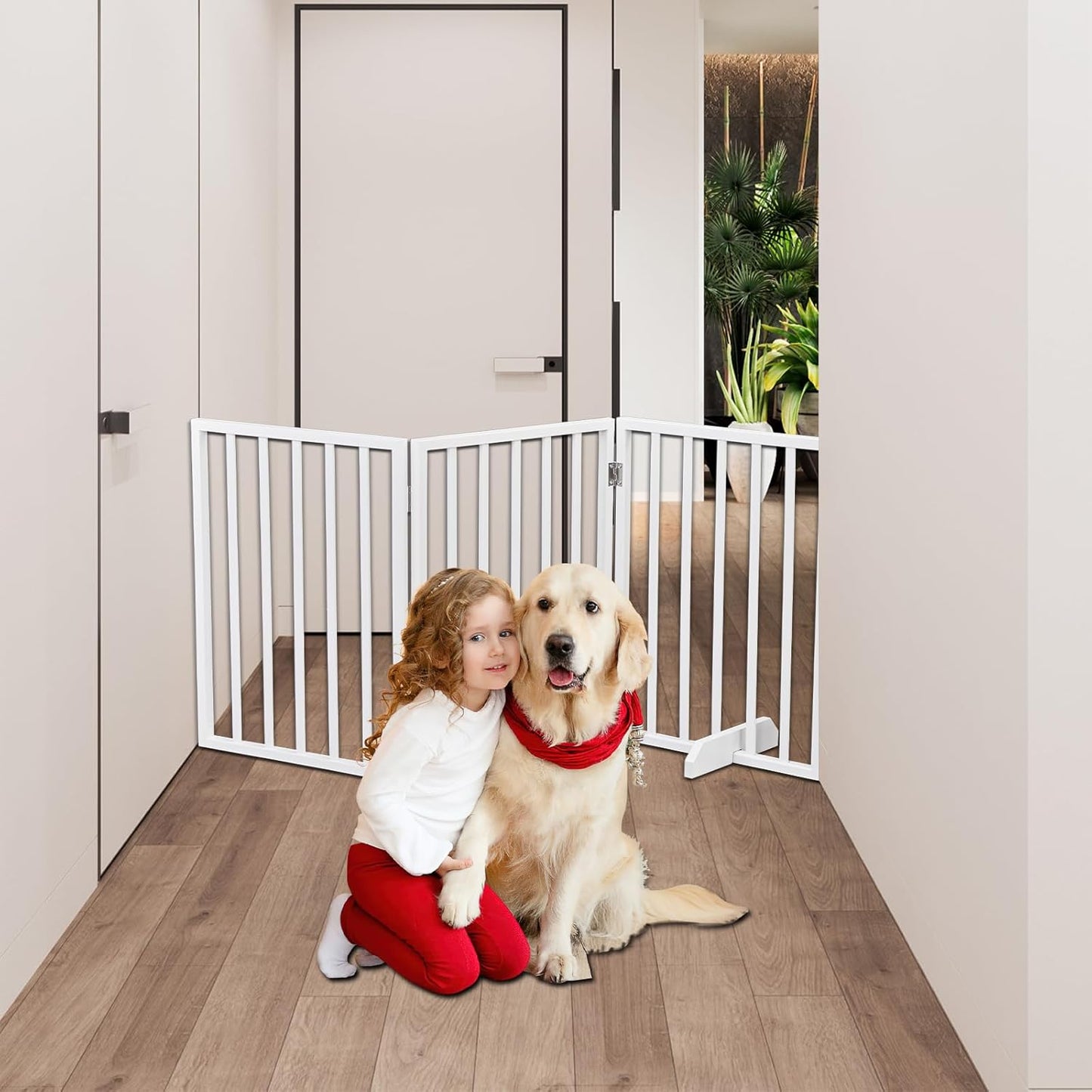 4 Panels Wooden Dogs Fence,Free Standing Pet Gate for Dog Cat,Wooden Indoor Foldable Dog Gate,Wide Pet Puppy Safety Fence,with Support Feet,for Hallways, Stairs, Doorways, Halls, Kitchen (Brown)