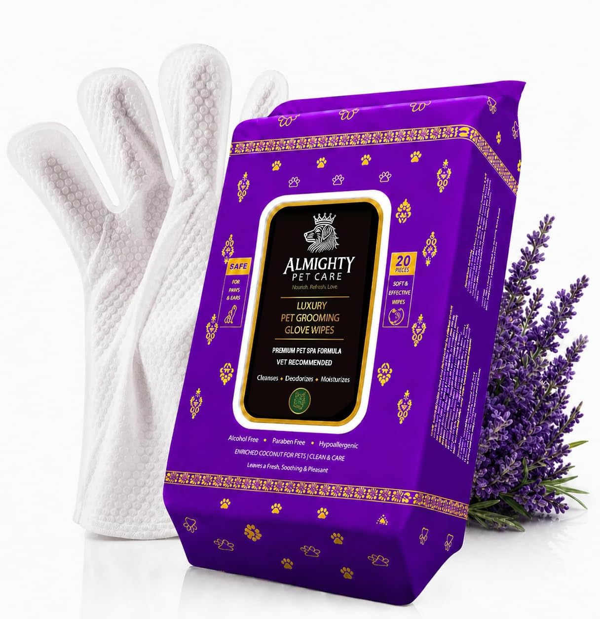 Premium Pet Grooming Glove Wipes for Dogs & Cats, 3X Thick No-Rinse Bathing Gloves, Hypoallergenic Deodorizing Paw & Body Cleaner, Natural Extracts to Hydrate & Nourish, 20 Count, Coconut Scent