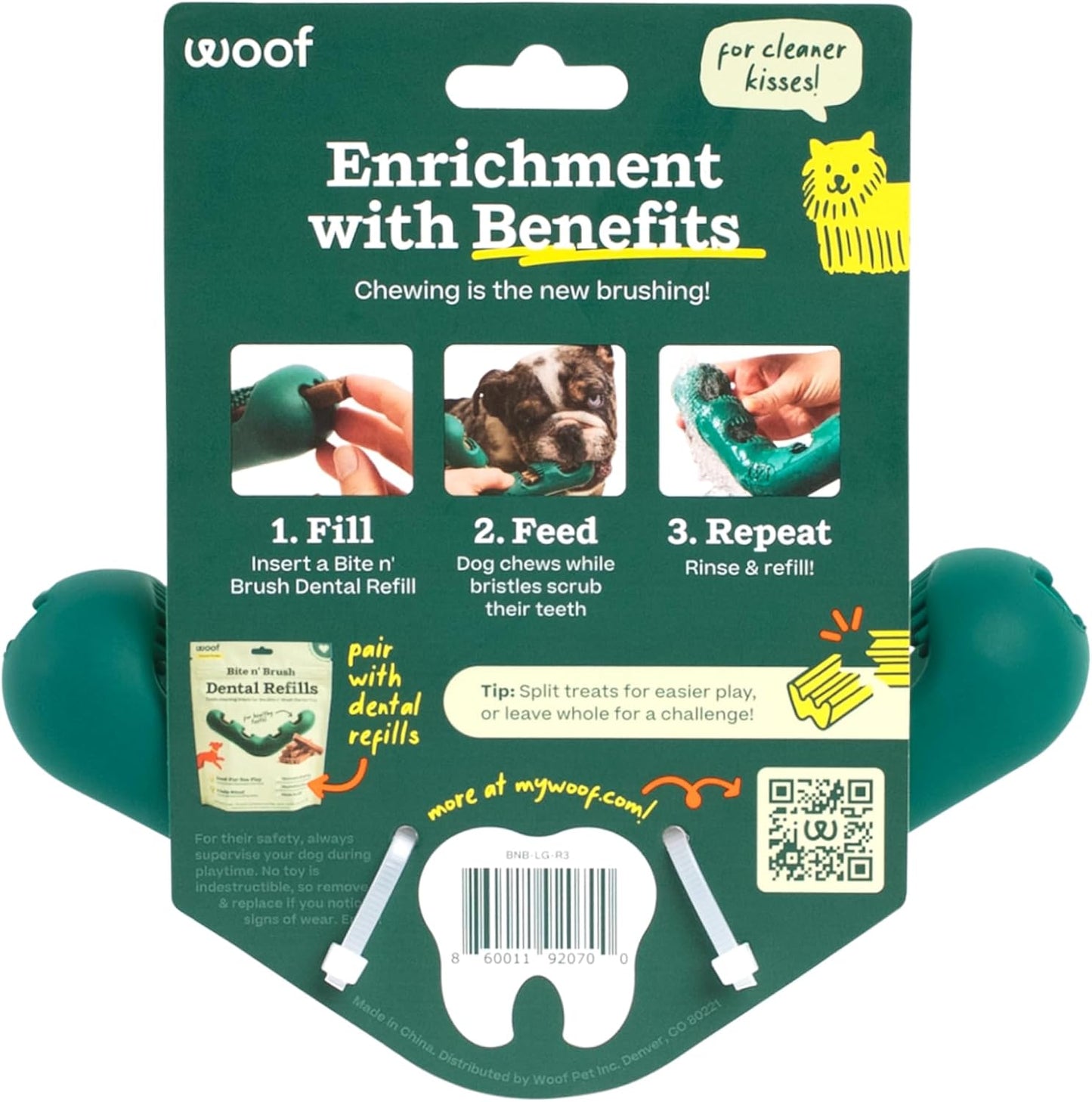 WOOF The Bite n' Brush - Dog Toothbrush Toy - Scrub Plaque and Tartar from Your Dog's Teeth and Mouth - Dog Dental Chew Toy - Small